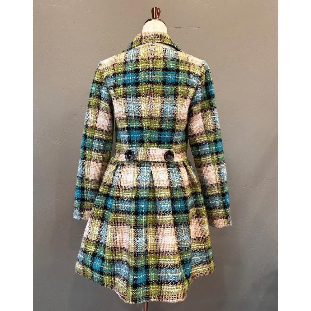 Anthropologie Nick &‎ Mo Retro Tweed Plaid Wool Flare Coat Small Fringed Boho